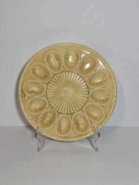 Vintage Ceramic Oyster Plate Seashell 12 Well Deviled Egg Platter Yellow Tan